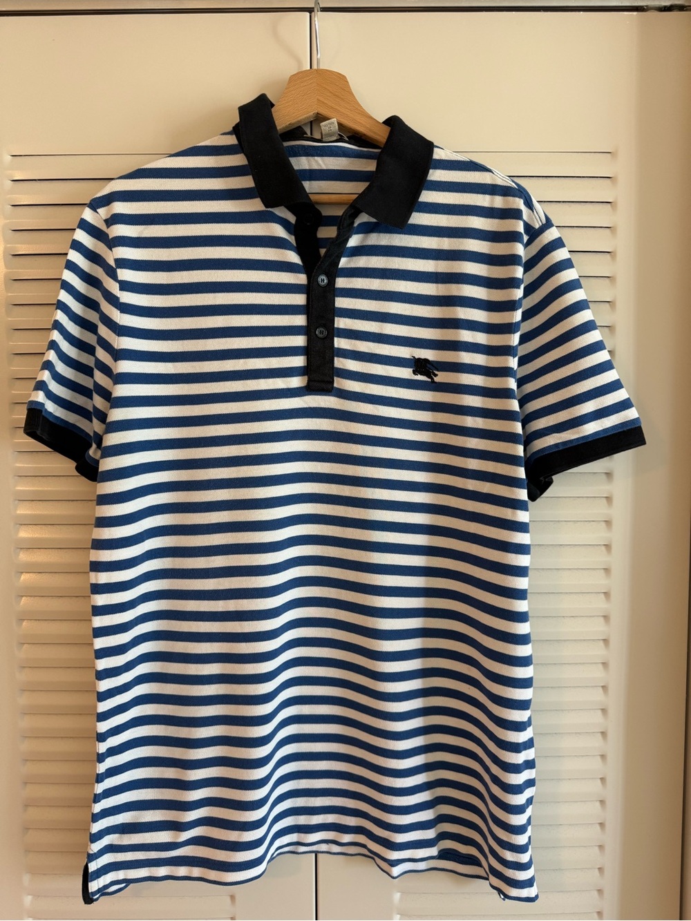 Burberry Blue and White Striped Polo with Black Trim